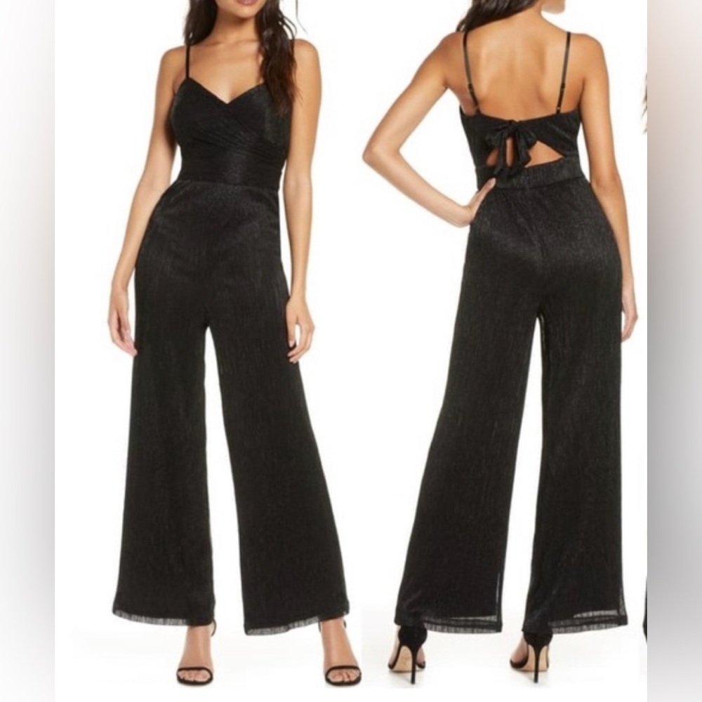 Eliza J NWT Women’s 14 Black Shimmer Wrap Top Bow Back Wide Leg Formal Jumpsuit